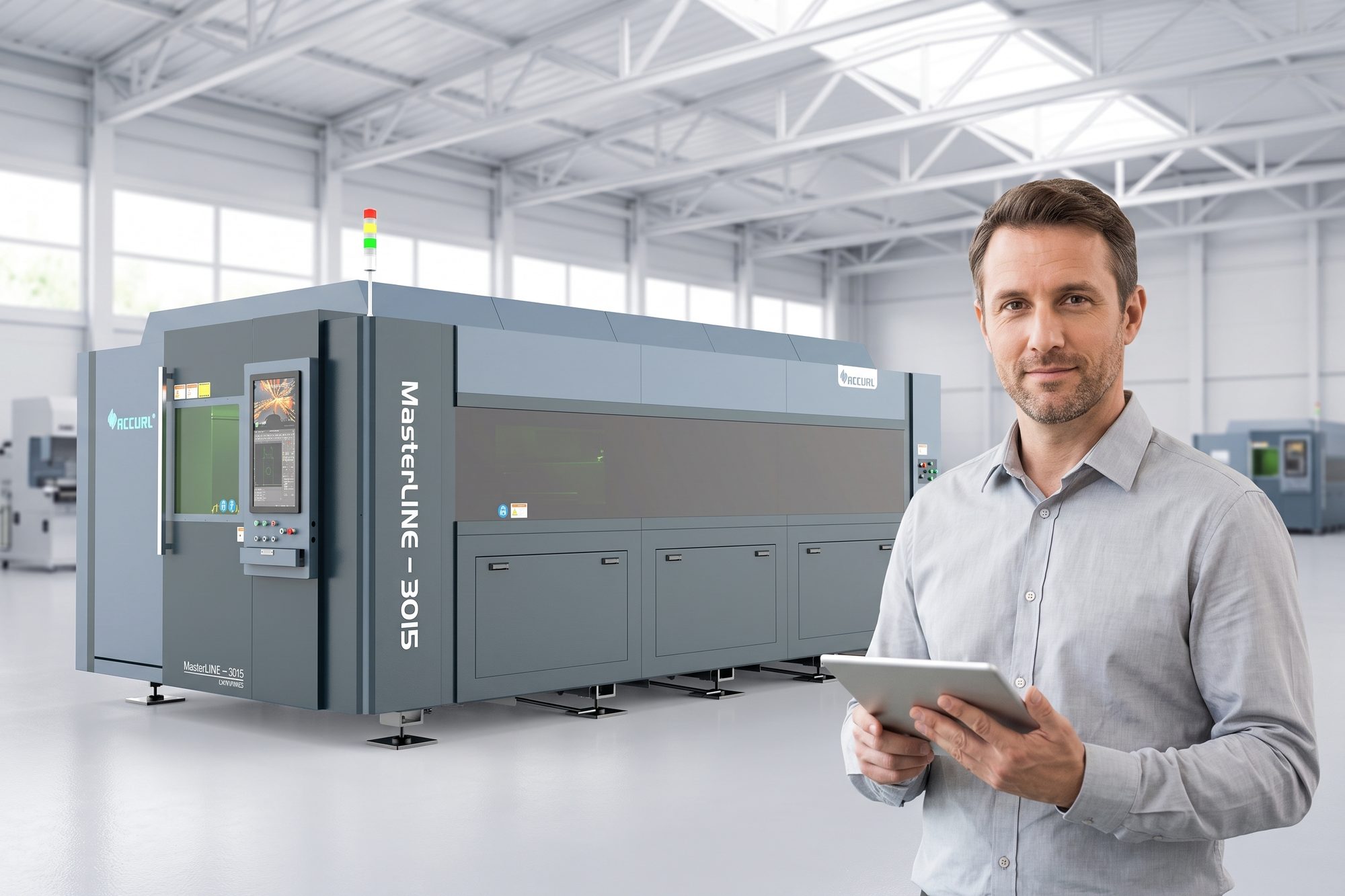 An ACCURL engineer with a tablet in front of a MasterLINE fiber laser cutting machine