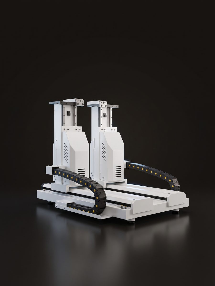 The BGA-6 CNC backgauge module in a dark studio, 3D render