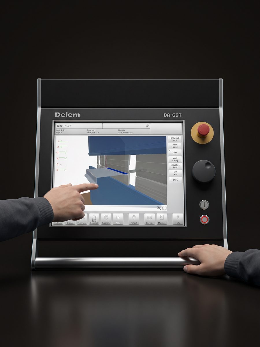 An instructor and a trainee at the touchscreen of the Delem DA-66T press brake control, 3D render